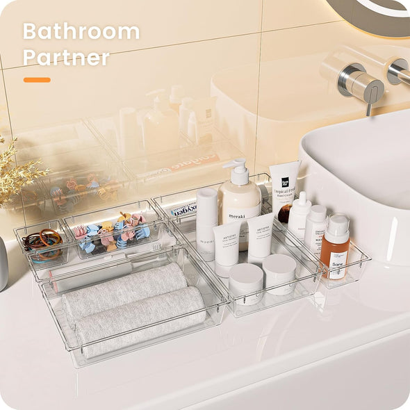 A-Lugei 【Crystal Design】 Clear Desk Drawer Organizer,【Military Grade】 Acrylic Makeup Organizer, Bathroom Organizers and Storage, Drawer Divider for Office Kitchen Bedroom Vanity Jewelry Pantry Garage