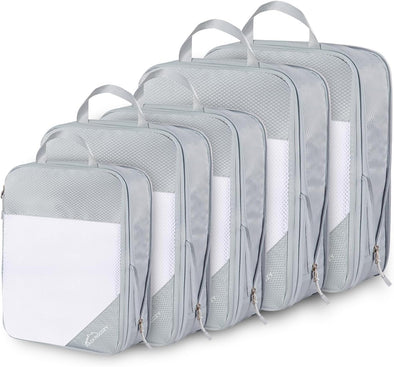 Compression Packing Cubes, 5 Set Packing Cubes for Travel Compression, Lightweight Compressible Package Organizer for Carry on and Suitcases, Light Grey