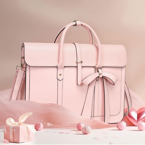 MOSISO Laptop Bag for Women, 15-15.6 Inch PU Leather Laptop Shoulder Bag Convertible Backpack, 16 Inch Messenger Bag Casual Handbag Work Briefcase Travel Computer Bag with Bowknot, Pink