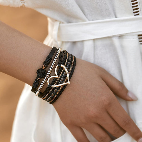 Fesciory Leopard Bracelet for Women, Boho Leather Wrap Multi-Layer Pearl Crystal Bracelet Bangle Jewelry