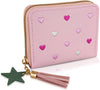 Womens Wallet with Zipper, PU Leather Women'S Wallet with Card Slots, Credit Card Holder Small Wallet with Heart-Embroidery Cute Wallet with Star Tassels Pendant