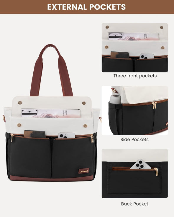 LOVEVOOK Laptop Bag for Women 15.6 Inch Canvas Laptop Large Capacity Work Bags Mutiple Pockets Teacher Bag Water Resistant Computer Bags for Business Travel Nurse, Black Brown