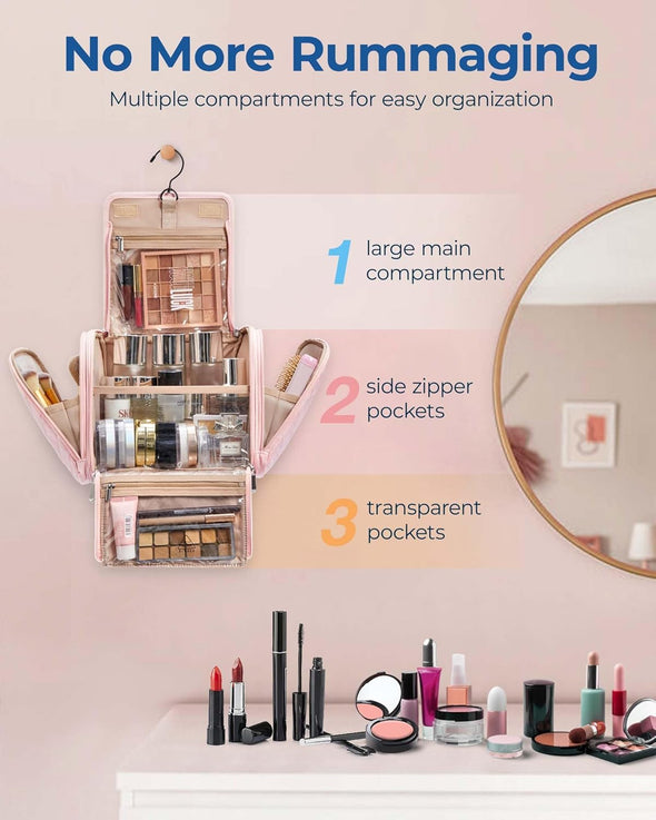 BAGSMART Makeup Bag for Women with Hanging Hook, Large Portable Capacity Water-Resistant Organizer Travel Case for Toiletries and Cosmetics, Pink