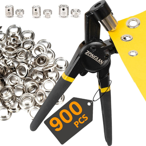 Heavy Duty Grommet Tool Kit of 1/2" 5/16" and 3/8",Multi Size Handheld Eyelet Tool Plier Rivet Press with 900 Pcs Silver Grommets for Tarp Leather Fabric