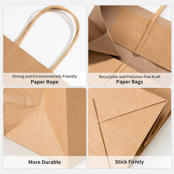 RACETOP Brown Paper Bags with Handles Bulk 100Pcs 8X4.5X10.8 Inch Gift Bags Bulk, Brown Kraft Paper Bags for Retail, Party, Shopping, Favor