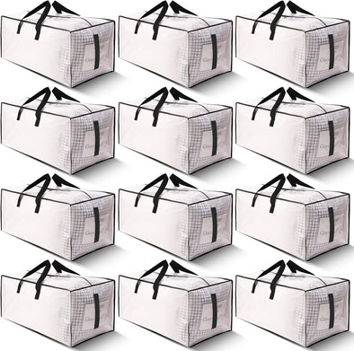 12 Pack Large Strong Moving Bags with Zippers & Carrying Handles - Water-Resistant - Heavy Duty Storage Tote for Space Saving, Fold Flat, Alternative to Moving Box (Semi-Transparent)