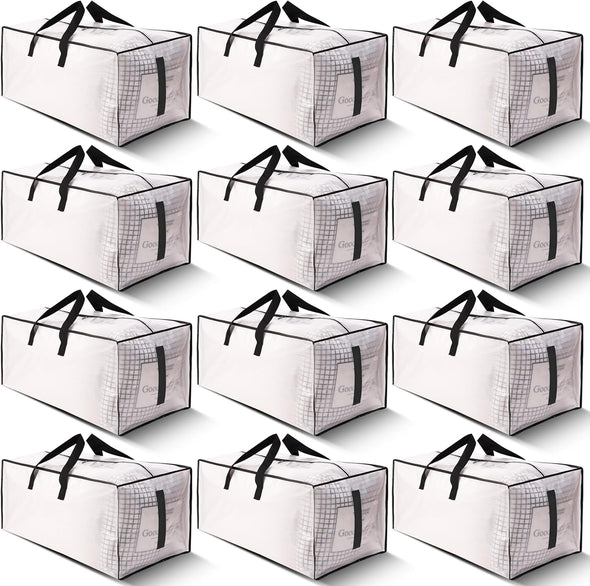 12 Pack Large Strong Moving Bags with Zippers & Carrying Handles - Water-Resistant - Heavy Duty Storage Tote for Space Saving, Fold Flat, Alternative to Moving Box (Semi-Transparent)