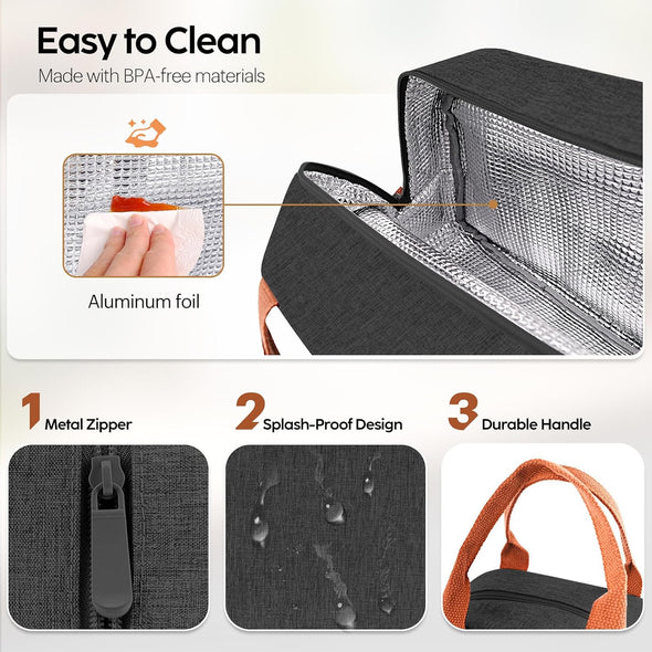 Lunch Bag Lunch Box for Women & Men, Large Capacity Insulated Lunch Bag for Adult, Leakproof Reusable Lunch Tote Bags for Work/Office/Travel/Picnic (Black)