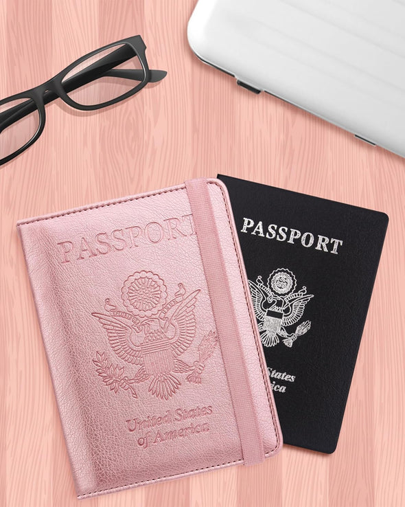 WALNEW Passport Holder for Travel, RFID Passport Cover Wallet for Women Men, PU Leather Passport Book Card Holder Case with Pen, Travelling Essentials for Flying