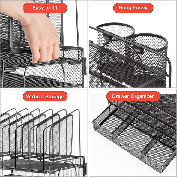 Marbrasse Desk Organizer with Drawer, 4-Tier Mesh File Organizer with 5 Vertical File Holders and 2 Pen Holders, Multifunction Desktop Organizer,Desk Organizers and Accessories for Home Office