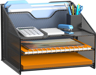 Samstar Desk File Organizer, Mesh Letter File Folder Holder with 3 Paper Trays and 2 Vertical Upright Section, for Office Supplies,Desk Accessories & Workspace,Black.