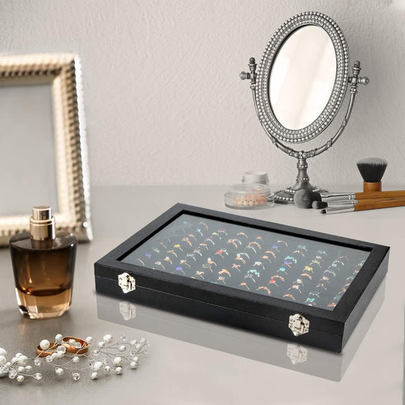 Ring Display Case Organizer Box with Transparent Lid, 100 Slots Ring Storage Display Box Case Tray Holder PU Leather Black