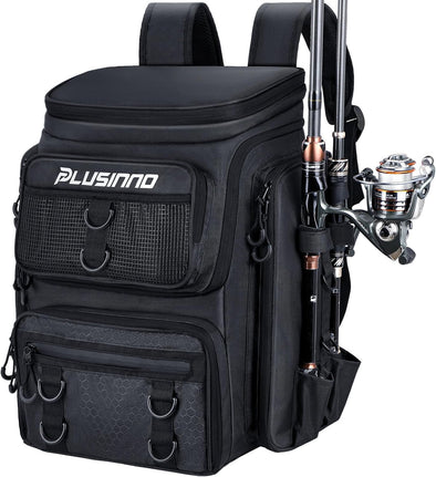 PLUSINNO Fishing Backpack with Rod Holder, 42L Water-Resistant Fishing Gear Tackle Box Backpack, Fishing Tackle Bag for Men