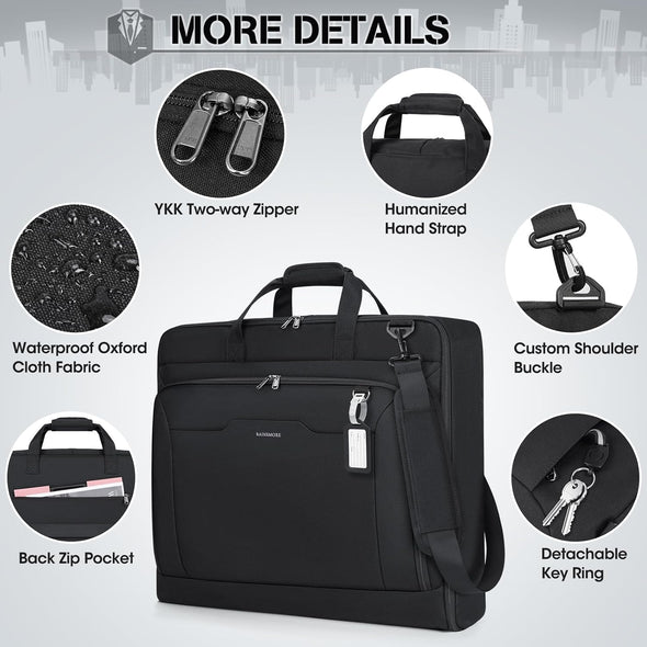 RAINSMORE Garment Bags for Travel Carry on Garment Bag for Hanging Clothes, Suit Bag for Business Trips with Shoes Bag & Shoulder Strap, Waterproof Foldable Suit Luggage Bag for Men Women, Black