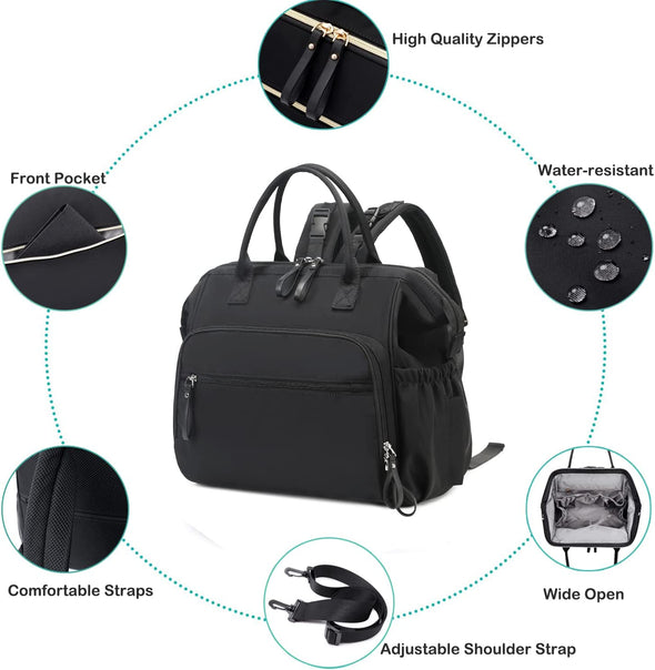 Convertible Diaper Bag Tote, Wide Open Top 14 Pockets Nappy Backpack with Stroller Buckle, Water-Resistant (Black)