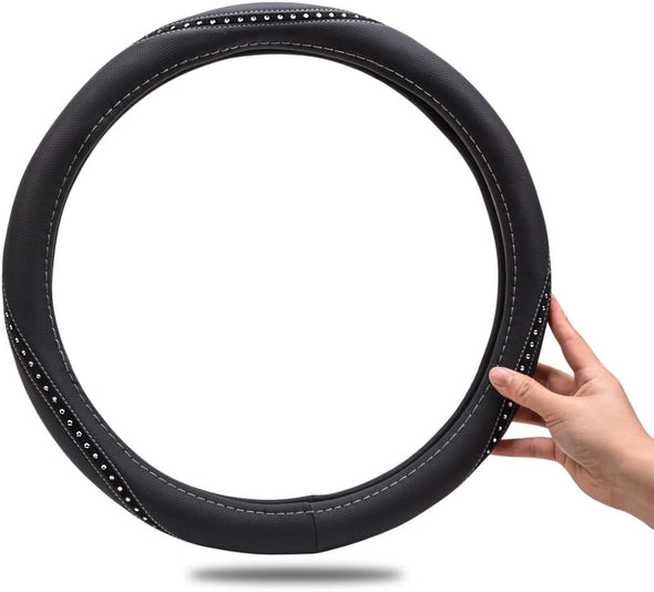 CAR PASS Bling Diamond Black Leather Steering Wheel Cover, Studded Crystal Rhinestones Universal Fit 14" 1/2-15" Glitter for Women Sparkle Girl Fit Suvs,Vans,Sedans,Car,Trucks, Silver Diamond