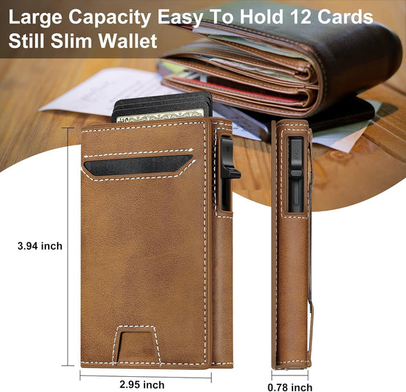 Leather Wallet for Men Slim Minimalist: Smart Pop up Wallet with Cash Strap - RFID Front Pocket Trifold Credit Card Holder - Gift for Man Husband at Anniversay Brithday
