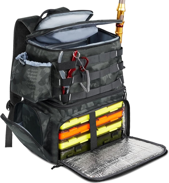 MATEIN Fishing Backpack, Water Resistant Fishing Tackle Box Bag with Rod Holders & Cooler, Gear Gifts for Men