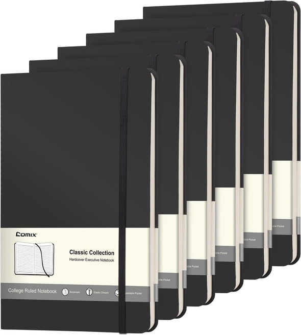 Comix 6 Pack Lined Journal Notebooks for Work, 240 Pages, 5.5"X8.3", Black, Hardcover, A5 Medium College Ruled, Journaling Notebooks for Notes-Taking, Fits for Office School Home