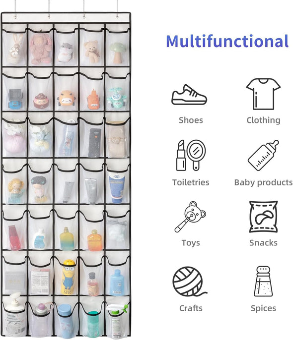 35 Pockets over the Door Shoe Organizer, Hanging Shoe Organizer for Door with 35 Mesh Pockets Large Capacity Shoe Hanging Storage Bag with 4 Metal Hooks (White-1Pack)