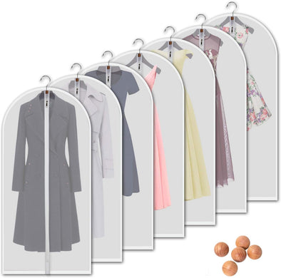 Hanging Garment Bags 7 Piece Set - 60 Inch Translucent Dust Proof Clothes Bag White Breathable Full Zipper Dust Cover for Suit Dance Costumes Gown Dress.