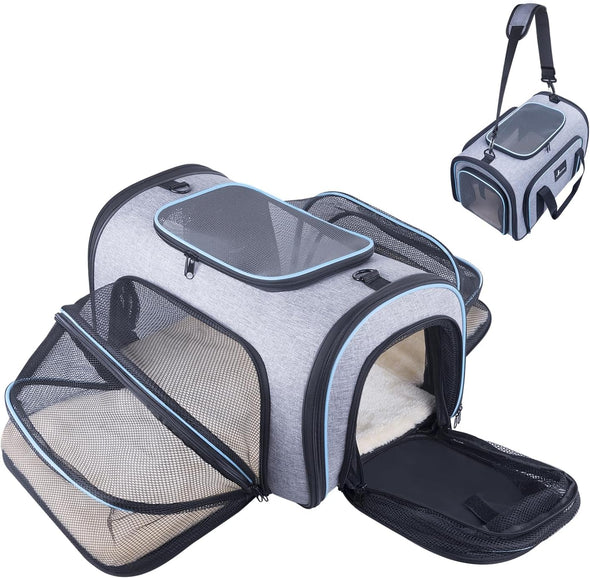 Siivton 4 Sides Expandable Pet Carrier, Airline Approved Soft-Sided Dog Cat Carrier Bag with Fleece Pad for Cats, Puppy and Small Animals (4 Extension Gray_Blue, L:18.0" L X 11.0" W X 11.0" H)