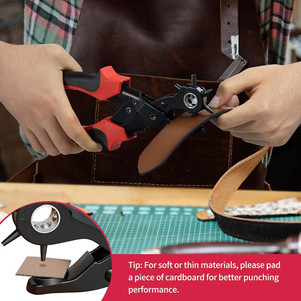 Revolving Punch Plier Kit, XOOL Leather Hole Punch Set for Belts, Watch Bands, Straps, Dog Collars, Saddles, Shoes, Fabric, DIY Home or Craft Projects, Heavy Duty Rotary Puncher, Multi Hole Sizes Make