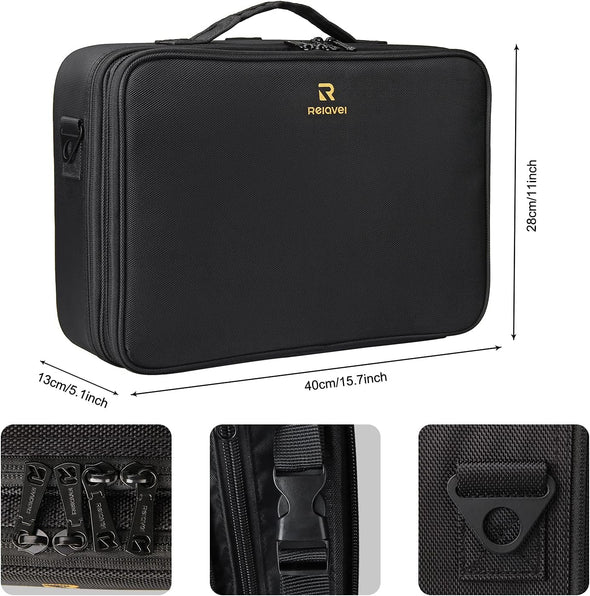 Relavel Makeup Case Large Makeup Bag Professional Train Case 16.5 Inches Travel Cosmetic Organizer Brush Holder Waterproof Makeup Artist Storage Box, 3 Layer Large Capacity, with Adjustable Strap