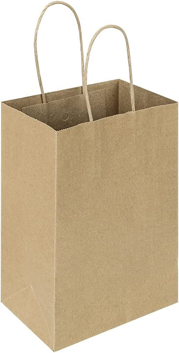 Oikss 100 Pack 5.25X3.25X8.25 Inch Small Plain Natural Kraft Paper Gift Bags with Handles Bulk for Birthday Party Favors Grocery Retail Shopping Business Goody Craft Bags Cub Sacks (Brown 100 Count)