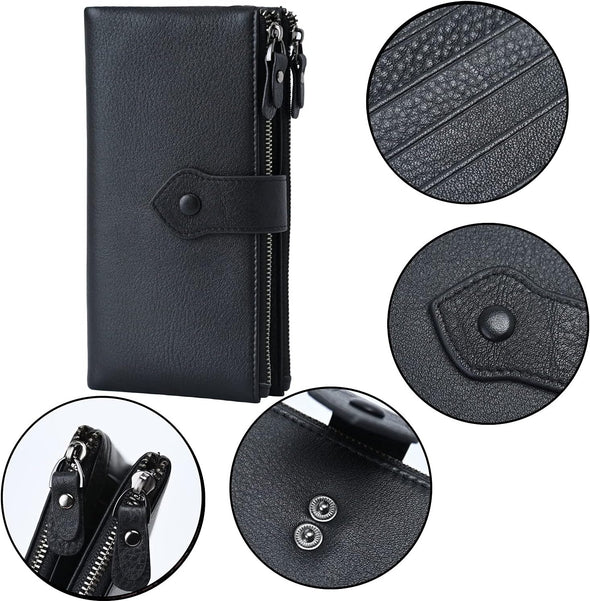 Bveyzi Women Soft Leather RFID Blocking Bifold Slim Wallets Ladies Credit Card Holder Double Zipper Pocket