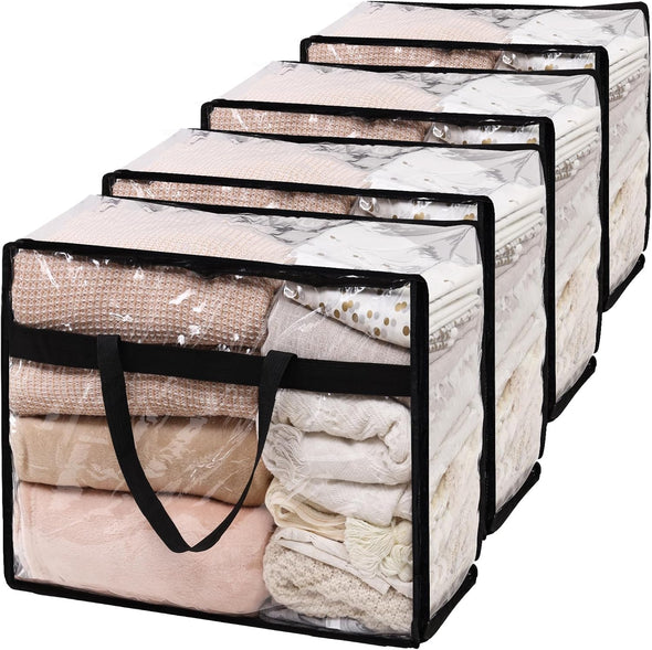 SGHUO Blanket Storage Bags 60L Extra Large Plastic Vinyl Clear Storage Bag for Clothes, Comforter, Bedding, Moving Bags with Zipper and Reinforced Handle (4Pcs)