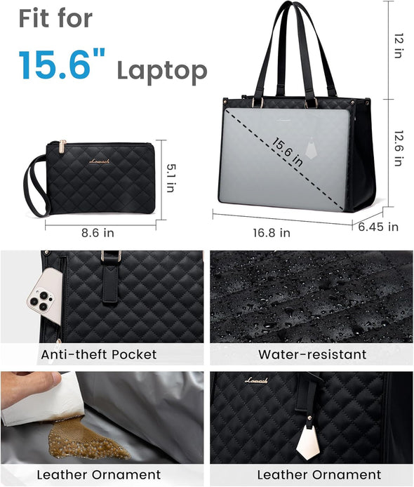 LOVEVOOK Lunch Tote Bag for Women, 15.6 Inch Laptop Bag with Insulated Lunch Compartment, Quilted Large Capacity Computer Handbag with Purse for Business, Work, Nurse, Office, Collage, Casual, Black