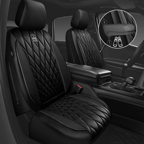 CAR PASS Piping Luxury Faux PU Leather Two Front Car Seat Covers, Waterproof anti Slip Seat Covers Compatible with Front Seat Armrests,Universal Fit for Suvs,Vans,Trucks, Airbag Compatible(All Black)