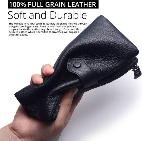 Bveyzi Women Soft Leather RFID Blocking Bifold Slim Wallets Ladies Credit Card Holder Double Zipper Pocket
