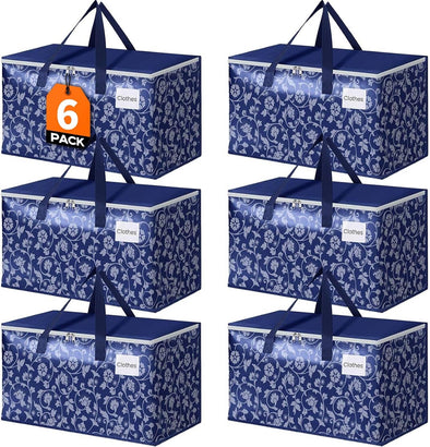 Homehacks Moving Bags, Extra Large Size Moving Boxes, Heavy Duty Luggage Bags with Smooth Zipper and Sturdy Handles, Large Capacity & Easy Loading Storage Totes for Space Saver 88L, 6-Pack, Blue