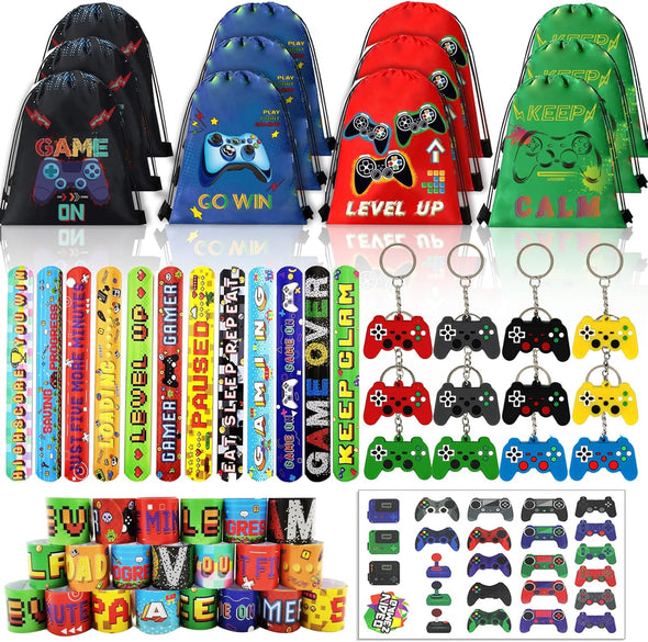 61 Pcs Video Game Party Favors, Gamer Party Favors Bags Includes 12 Pcs16 X 13 Inch Video Game Party Drawstring Bags Slap Bracelets Keychains Tattoo Stickers for Kids Gaming Party Favor