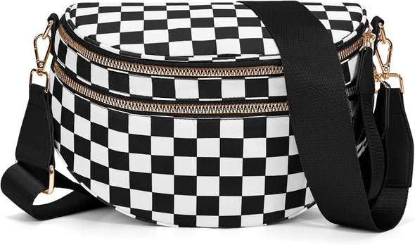 Bum Bags for Women Crossbody,Nylon Checkered Crossbody Bag Large Sling Bag Checkered Purse Oversized Slouchy Belt Bag