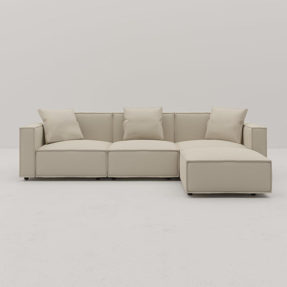 Acanva Luxury Modular Leather Sectional Sofa Set with Ottoman and Chaise, L-Shape, Cream