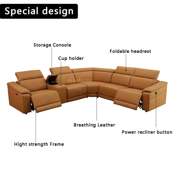 A Ainehome Leather Storage Sectional Sofa, Power Recliner Sofa Set for Living Room