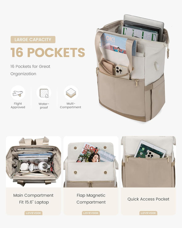 beige travel backpack handbag and purse 2pcs LOVEVOOK 2Pcs Fashion Laptop Backpack 15.6" 17.3" with USB Charging Port and Anti-Theft Pocket, Khaki / 15.6 Inch