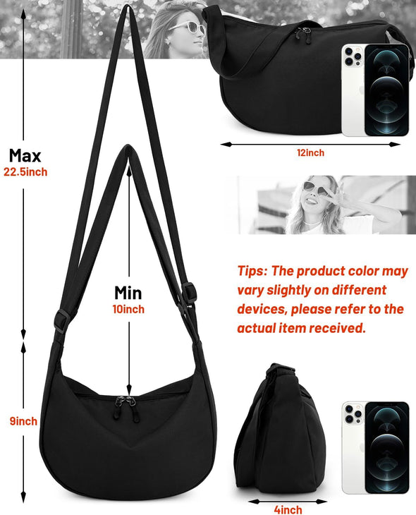 Small Sling Crossbody Bag for Women Men Trendy, Mini Crescent Bag with Adjustable Strap, 2 Zippers Lightweight Nylon Bag
