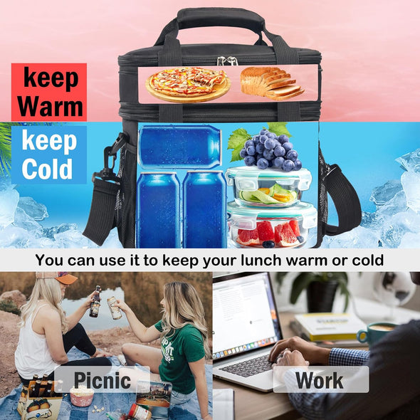 Lunch Box for Men/Women,Large Double-Layer Insulated Expandable Reusable Leakproof Cooler Bags for Adults,Lunch Bag with Adjustable Shoulder Strap for Office Travel Picnic（Black）