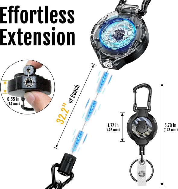 MNGARISTA 2-Pack Retractable Keychain, Heavy Duty 10 OZ Retraction 3K Carbon Fiber ID Badge Reel, Carabiner Badge Holder Hook Upgraded 31.5" Stainless Steel Cord Lanyard with Clip Strap and Key Ring