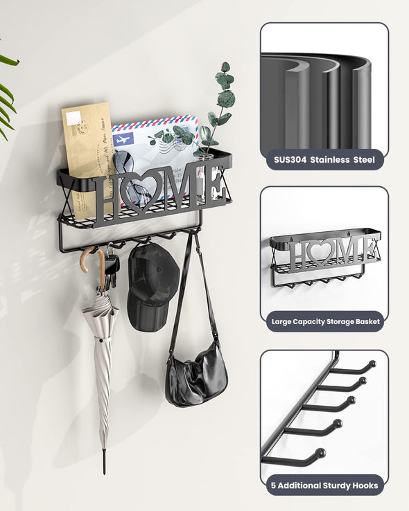 Key Holder for Wall - Key Rack with 5 Key Hooks, 11.02" L×2.75" W×4.92" H, Key and Mail Organizer Wall Mount with Mesh Basket, Key Hanger for Wall, Entryway, Home Decor(Matte Black)