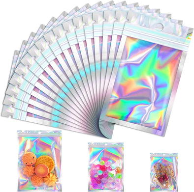 100 Pcs Mylar Bags, Smell Proof Bags with Clear Window, Resealable Holographic Bags for Snack, Cookie, Jewelry, Candy, Sealable Bag for Packaging, Mothers Day Gifts（2.4X3.9In）