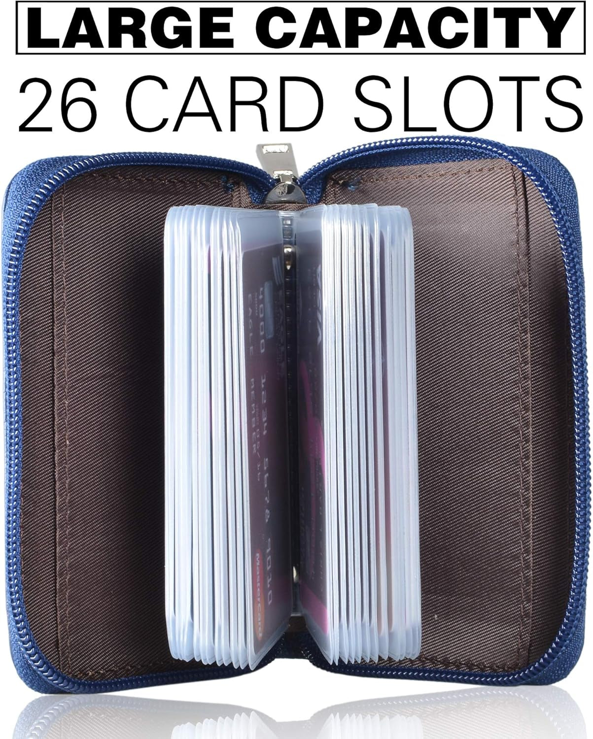 Easyoulife Genuine Leather Credit Card Holder Wallet - Zipper Closure, 26 Card Slots, Small Black Wallet For Women