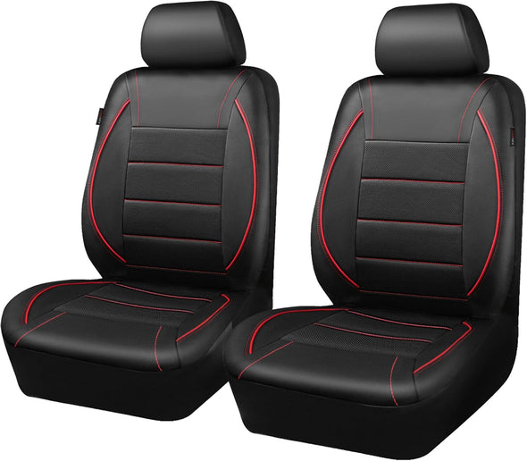 CAR PASS Universal FIT Piping Leather Two Front Seat Covers, Waterproof Faux Leather for SUV Sedan Van Truck, Airbag Compatible,Reserved Opening Holes for Headrest Covers. (Black Red)
