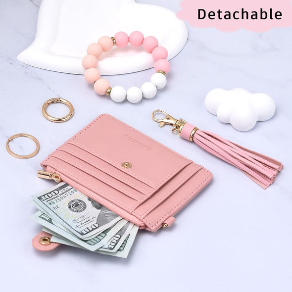 BAOSIWA Silicone Bracelet Keychain Wallet for Women Wristlet Card Holder Slim RFID Wallet with Zipper Pocket