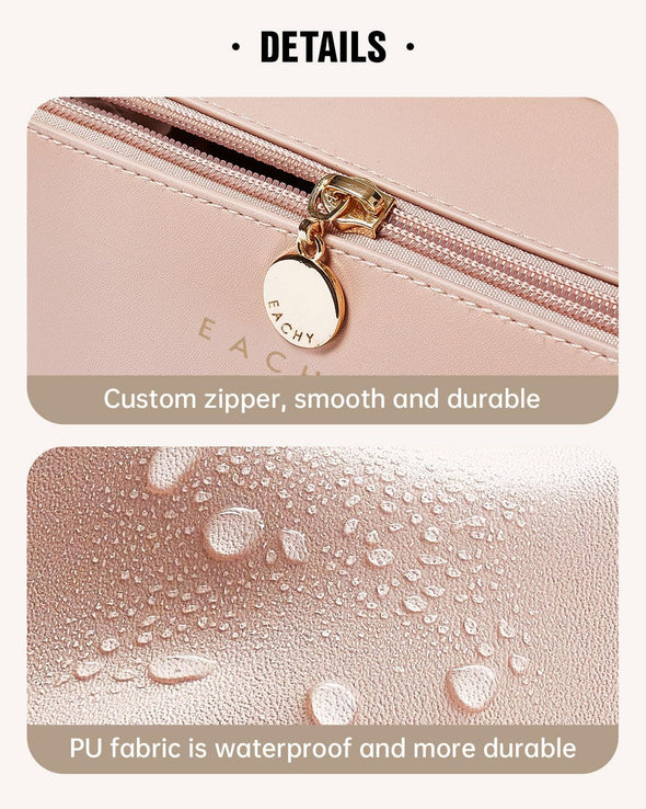 EACHY Travel Makeup Bag,Large Capacity Cosmetic Bags for Women,Waterproof Portable Pouch Open Flat Toiletry Bag Make up Organizer with Divider and Handle