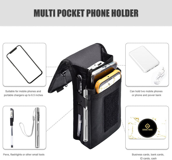 Dual Phone Holster,Belt Phone Pouch, Large Smartphone Pouch Cell Phone Holder, Multi-Purpose Tactical Cell Phone Holder for Work, Hiking, Camping, Barbecue, Rescue (Black)